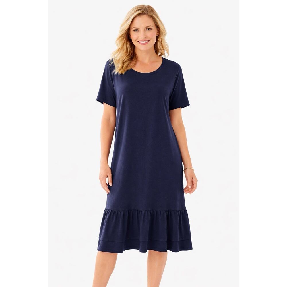 Chico’s Shift Dress Size 4 / XXL Pullover Ruffle Hem Cotton Stretch Navy